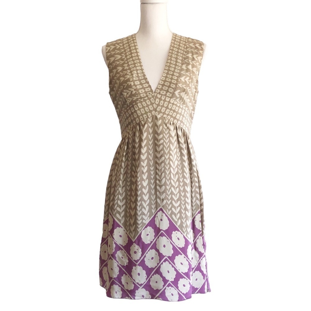Sleeveless V-Neck Beige and Purple Patterned Women's Dress
